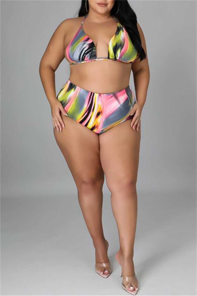 Fashion Sexy Print Bandage Backless Halter Plus Size Swimwear Three-piece Set