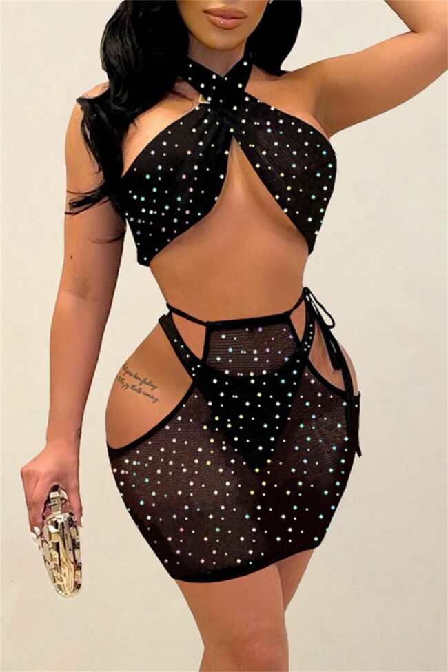 Sexy Patchwork Hollowed Out See-through Backless Turtleneck Sleeveless Three-piece Set