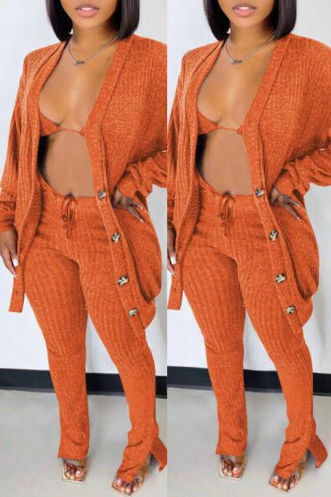 Fashion Casual Solid Cardigan Vests Pants Long Sleeve Three-piece Set