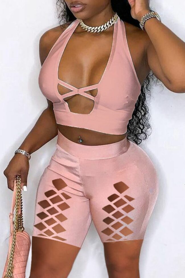 Fashion Sexy Solid Hollowed Out Backless Halter Skinny Two-piece Set