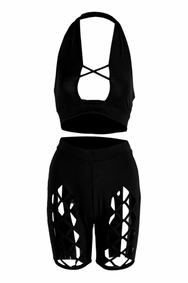 Fashion Sexy Solid Hollowed Out Backless Halter Skinny Two-piece Set