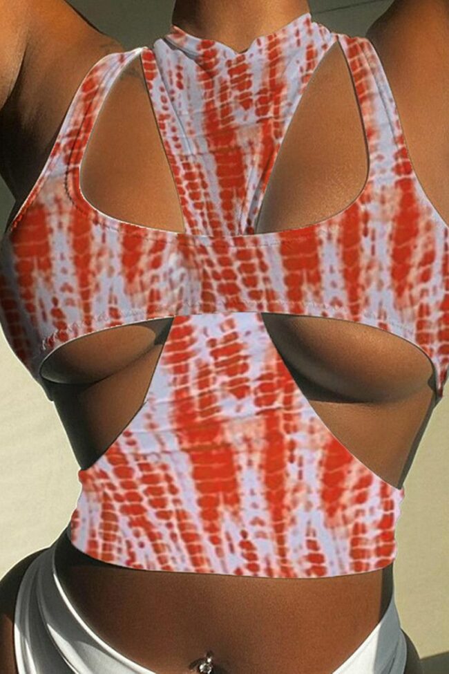 Fashion Sexy Print Hollowed Out O Neck Tops Two-piece Set