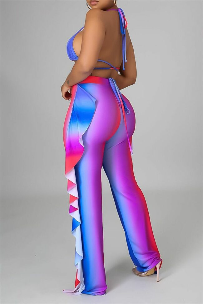 Fashion Sexy Print Backless Strap Design Halter Sleeveless Three-piece Set