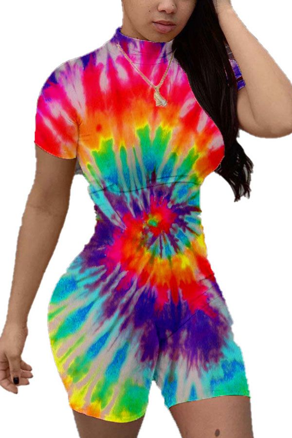 Fashion Casual street Print Tie-dyed Polyester Short Sleeve O Neck Jumpsuits