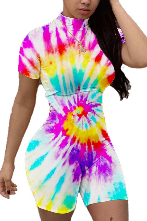 Fashion Casual street Print Tie-dyed Polyester Short Sleeve O Neck Jumpsuits