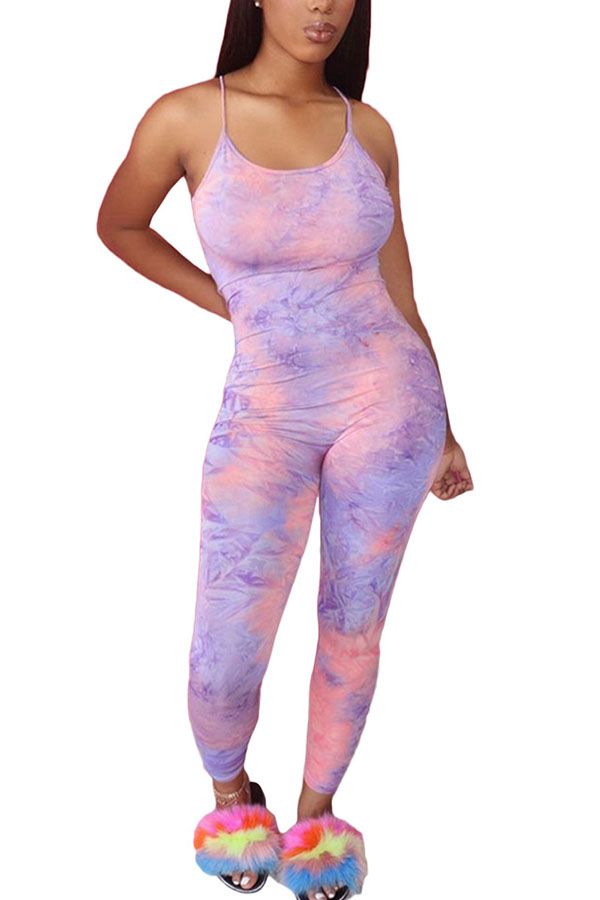 Fashion Light Print Polyester Sleeveless Slip Jumpsuits
