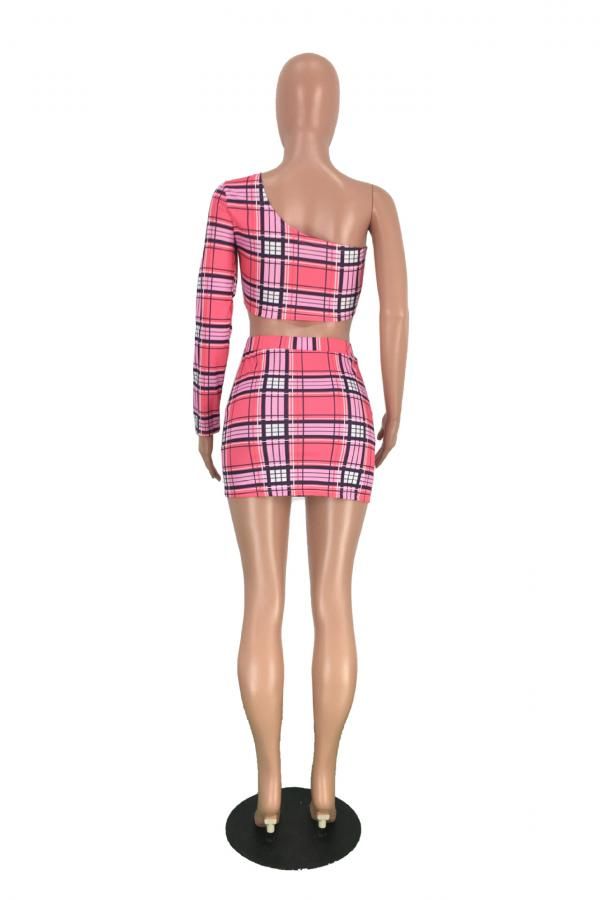 Sexy Plaid Print Backless Asymmetrical One Shoulder Long Sleeve Two Pieces
