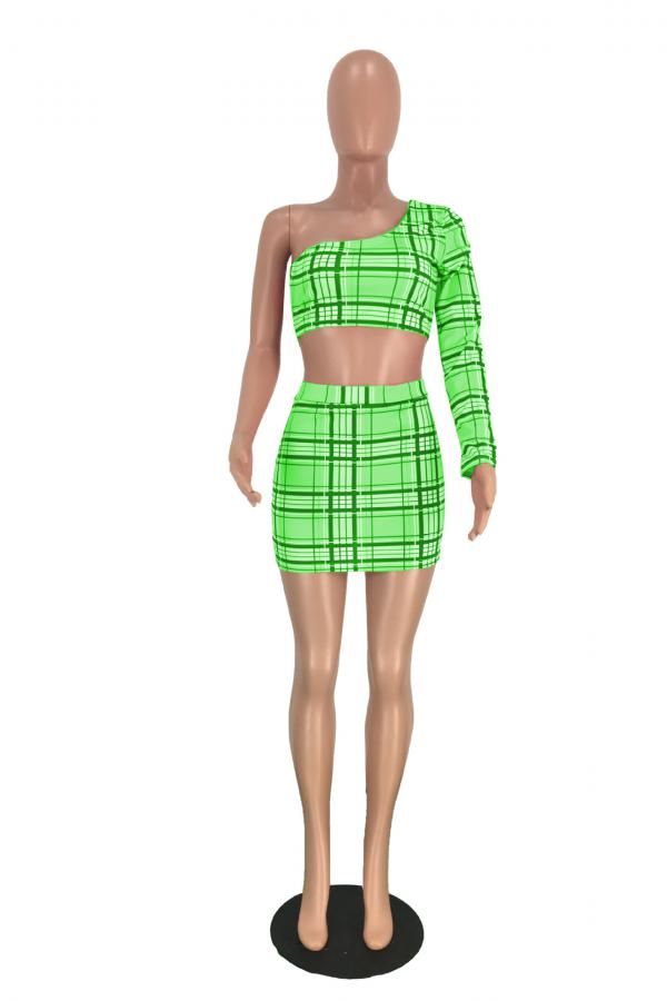 Sexy Plaid Print Backless Asymmetrical One Shoulder Long Sleeve Two Pieces
