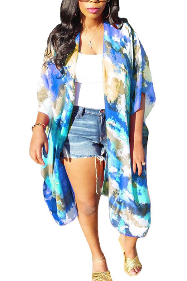 O Neck Patchwork Print Tie Dye Polyester Patchwork Short Sleeve Outerwear