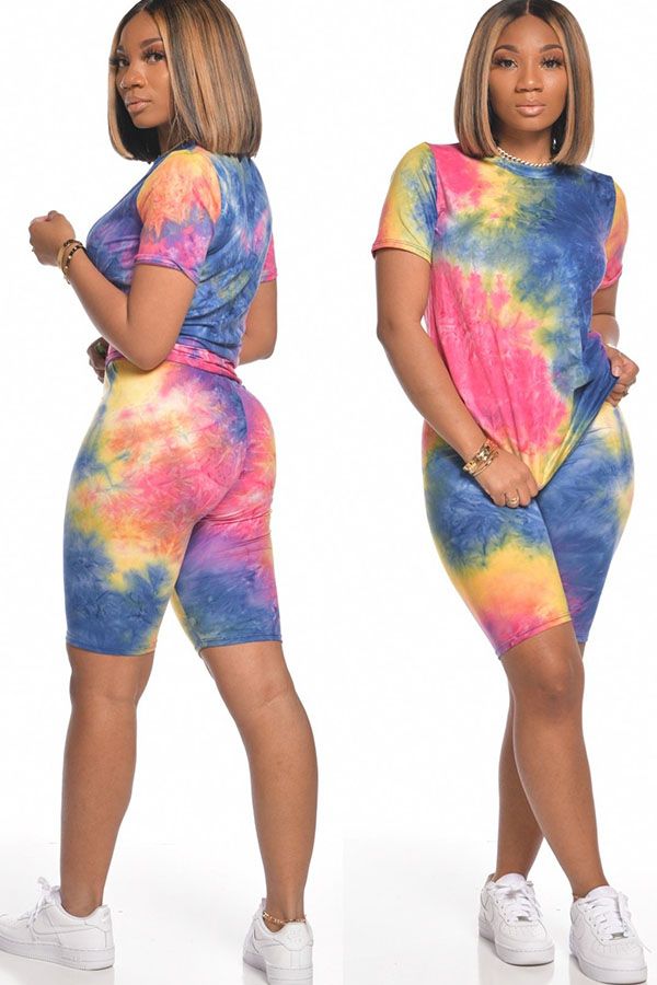 Polyester Fashion Street Print Tie Dye Two Piece Suits Straight Short Sleeve Two Pieces