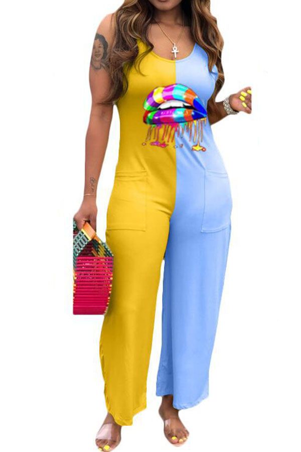 Fashion Casual Patchwork Lip Polyester Sleeveless Slip Jumpsuits