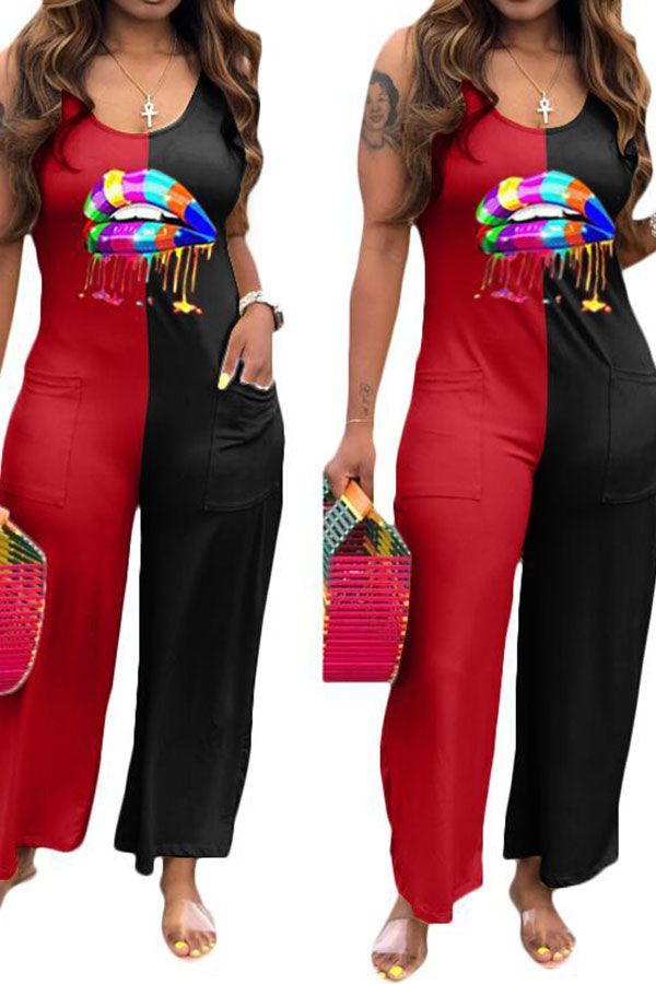 Fashion Casual Patchwork Lip Polyester Sleeveless Slip Jumpsuits