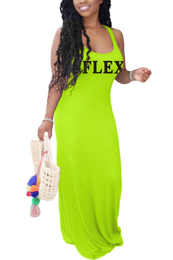 Polyester Fashion adult OL Orange Fluorescent green Tank Sleeveless O neck Swagger Floor-Length Print Patchwork Character Dresses