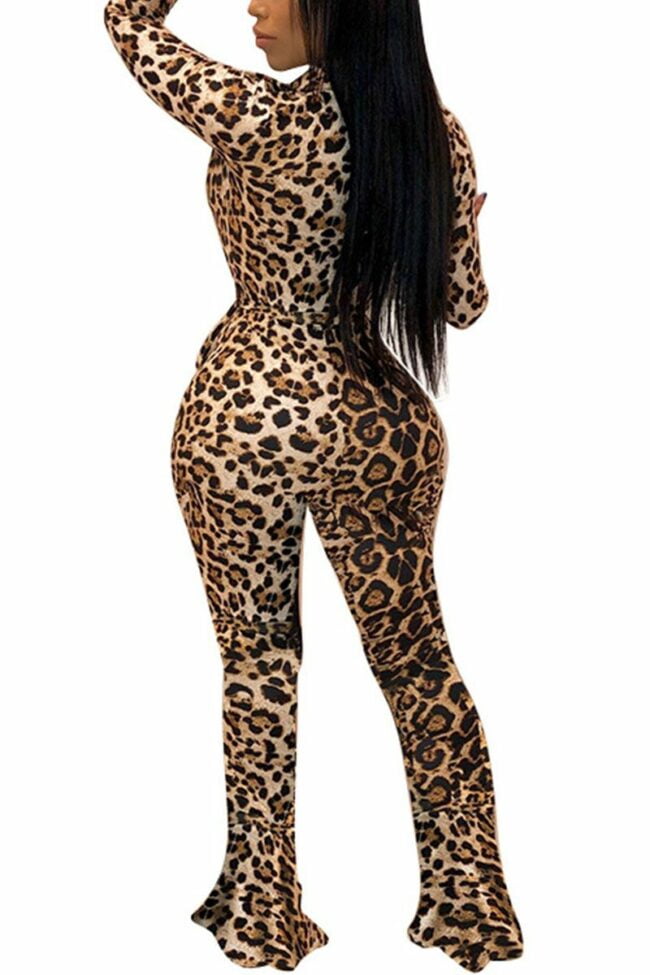 Fashion Sexy Adult Twilled Satin Leopard With Belt Turndown Collar Boot Cut Jumpsuits