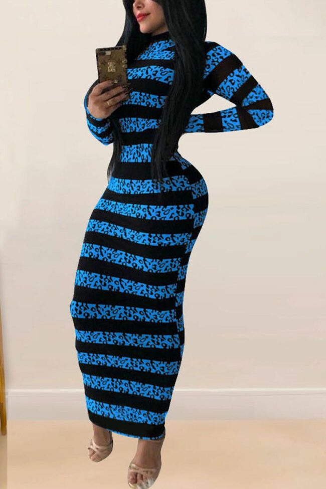 Fashion Street Adult Milk Fiber Patchwork Print Split Joint O Neck Long Sleeve Ankle Length One-piece Suits Dresses
