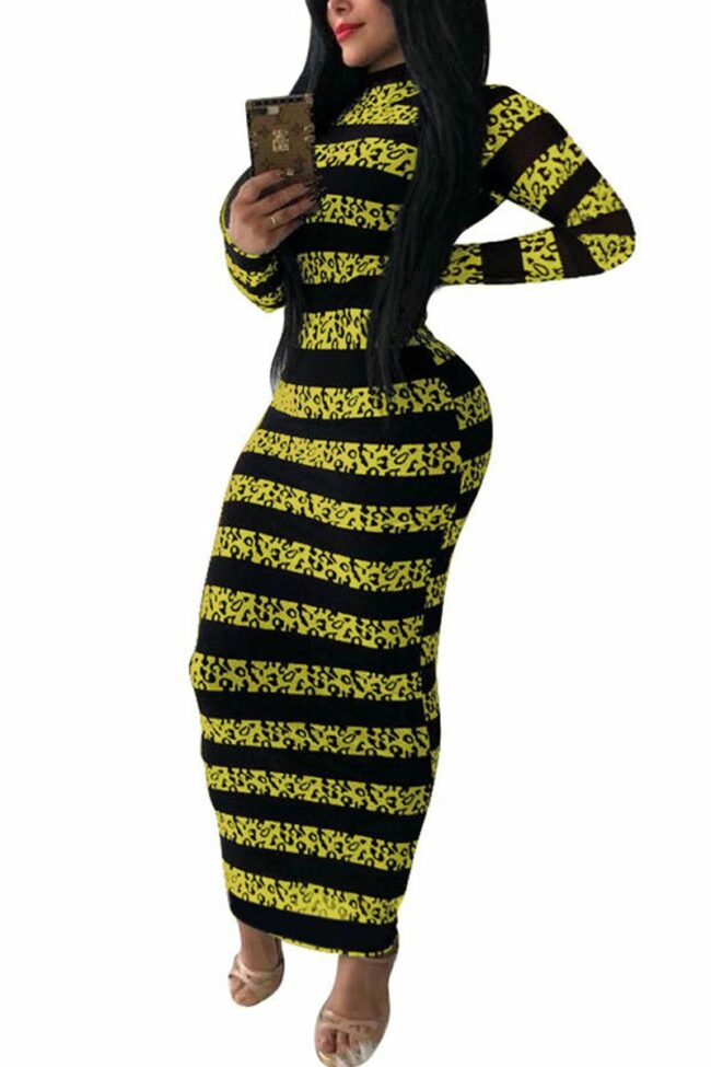 Fashion Street Adult Milk Fiber Patchwork Print Split Joint O Neck Long Sleeve Ankle Length One-piece Suits Dresses