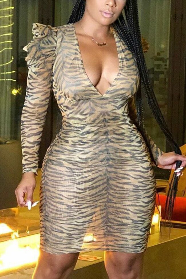 Fashion Sexy Adult Spandex Leopard Split Joint V Neck Long Sleeve Knee Length Pencil Skirt Dresses