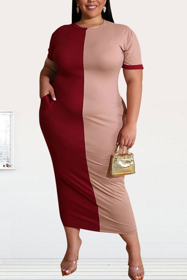 Fashion Sexy adult O Neck Patchwork Solid contrast color Stitching Plus Size