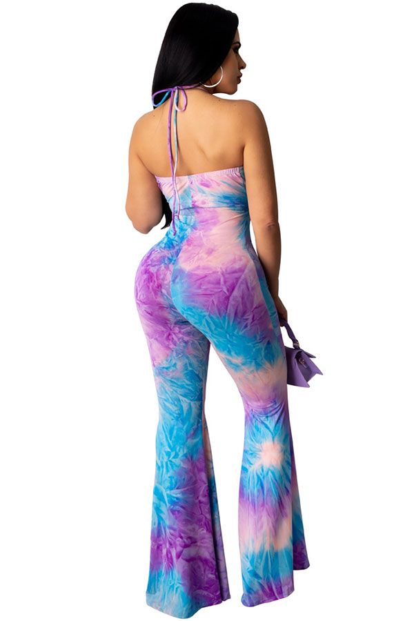 Fashion Sexy Print Patchwork bandage Tie-dyed Hollow Polyester Sleeveless Hanging neck Jumpsuits