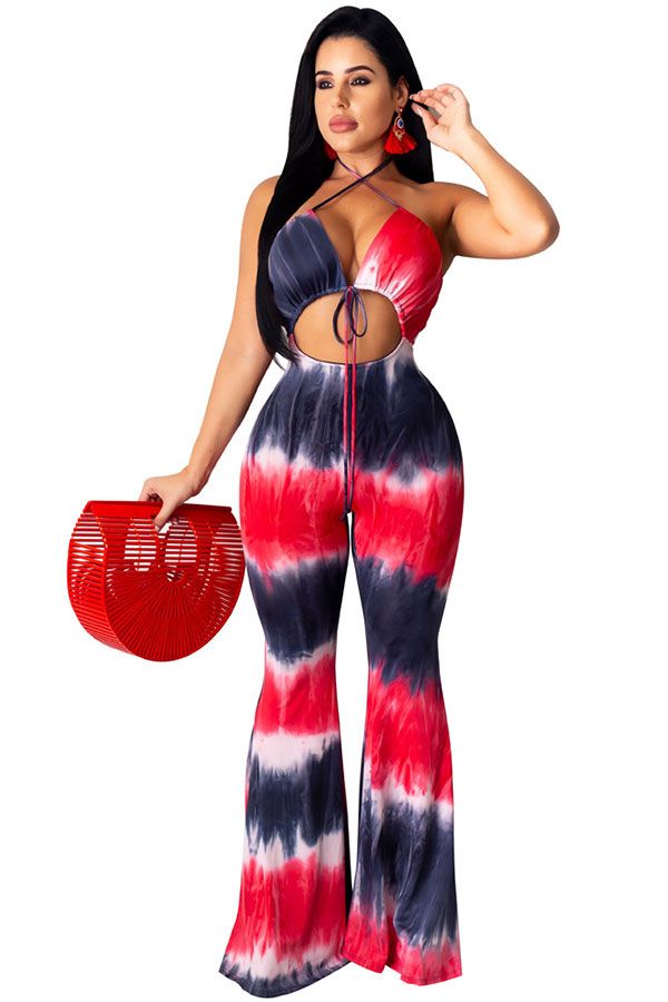 Fashion Sexy Print Patchwork bandage Tie-dyed Hollow Polyester Sleeveless Hanging neck Jumpsuits