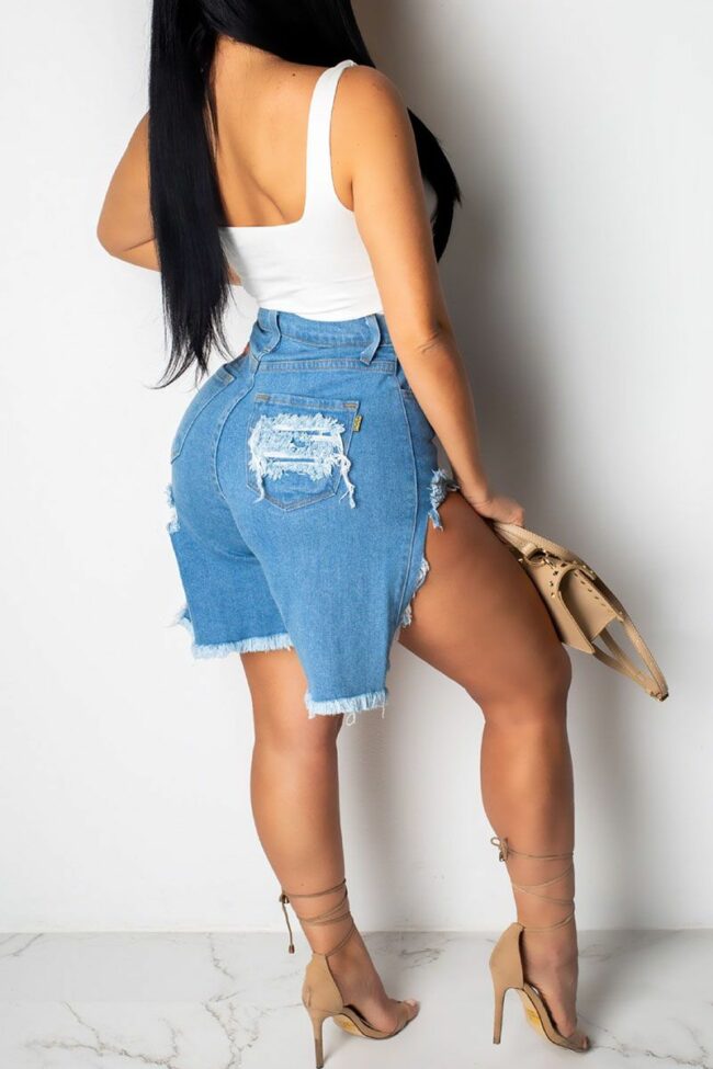 Denim Button Fly Sleeveless High Asymmetrical Patchwork Solid Straight shorts Shorts