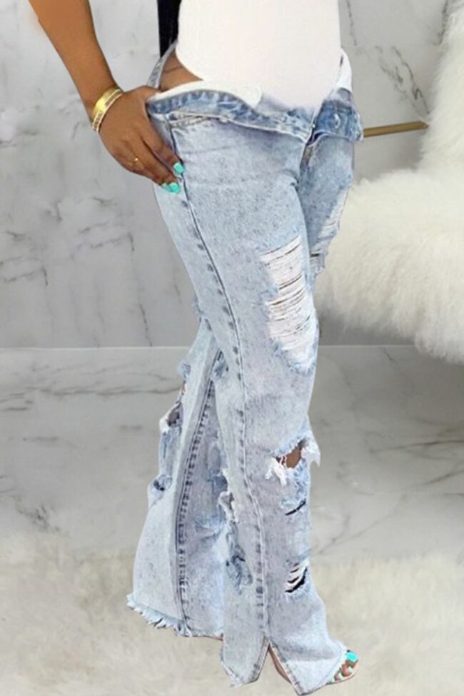 Denim Button Fly Sleeveless High Hole Solid Old Patchwork Straight Pants Pants