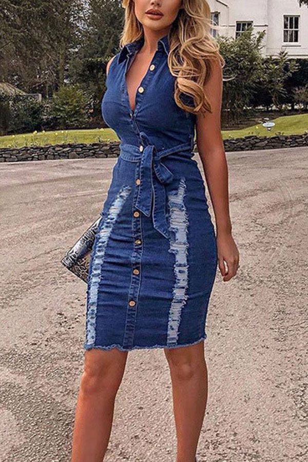 The cowboy Fashion Casual adult Light Blue Dark Blue Off The Shoulder Sleeveless Turndown Collar Step Skirt Knee-Length Patchwork bandage Solid Old Dresses