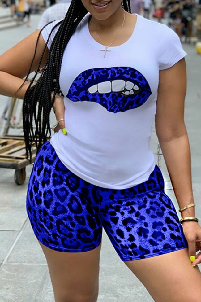 adult Street Fashion Two Piece Suits Print Lips Print Leopard Straight Short Sleeve