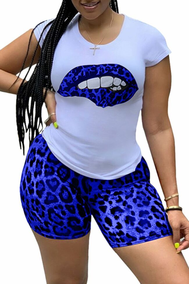 adult Street Fashion Two Piece Suits Print Lips Print Leopard Straight Short Sleeve