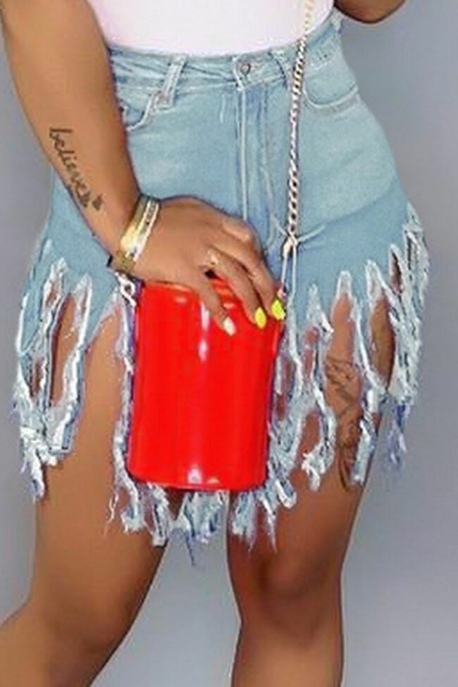 Denim Button Fly Zipper Fly Mid Solid Patchwork Tassel Straight shorts