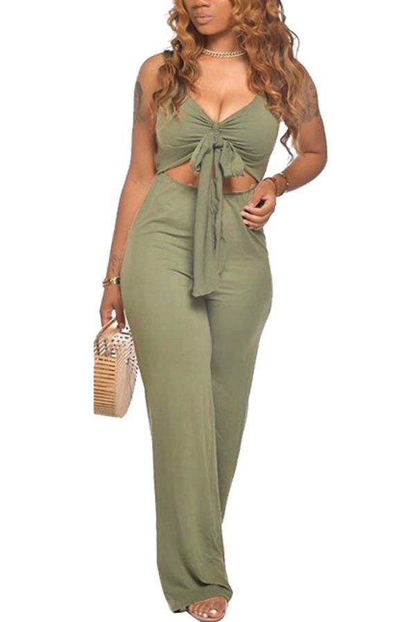 Fashion Sexy Patchwork bandage Backless Hollow Solid Polyester Sleeveless V Neck Jumpsuits