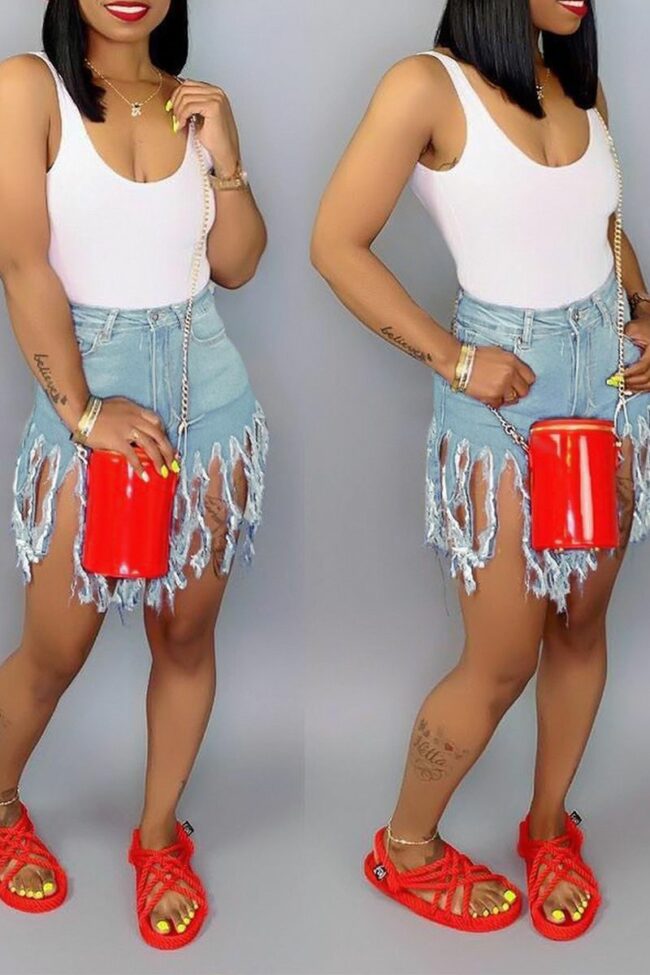 Denim Button Fly Zipper Fly Mid Solid Patchwork Tassel Straight shorts