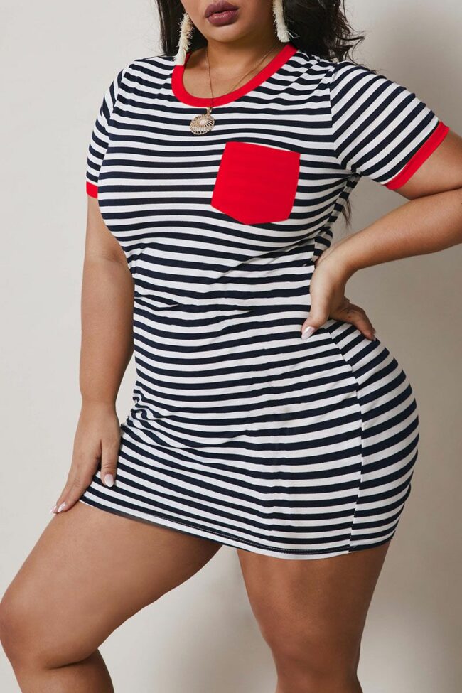 Fashion Casual adult Ma'am O Neck Striped Patchwork Stripe Plus Size