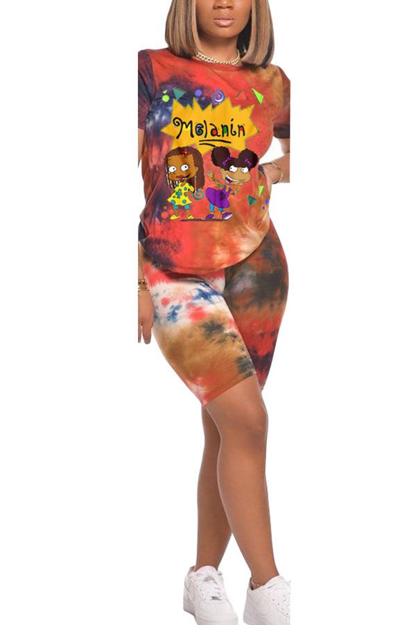 Polyester Fashion Active Patchwork Print Tie Dye Two Piece Suits Straight Short Sleeve Two Pieces