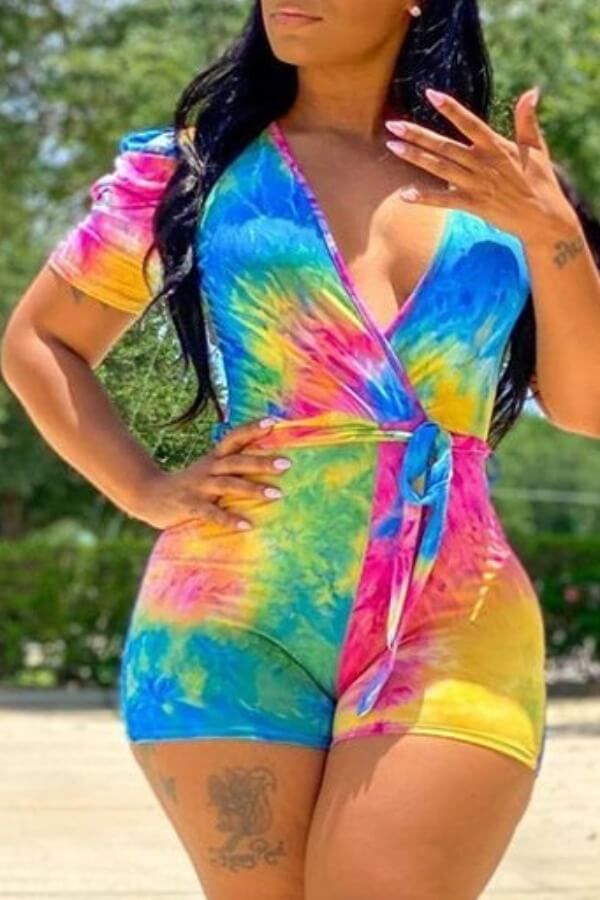 Fashion Casual Print Tie-dyed Short Sleeve V Neck Jumpsuits