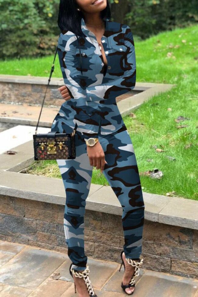 adult Street Fashion Camouflage Print Two Piece Suits Patchwork pencil Long Sleeve Two-pi