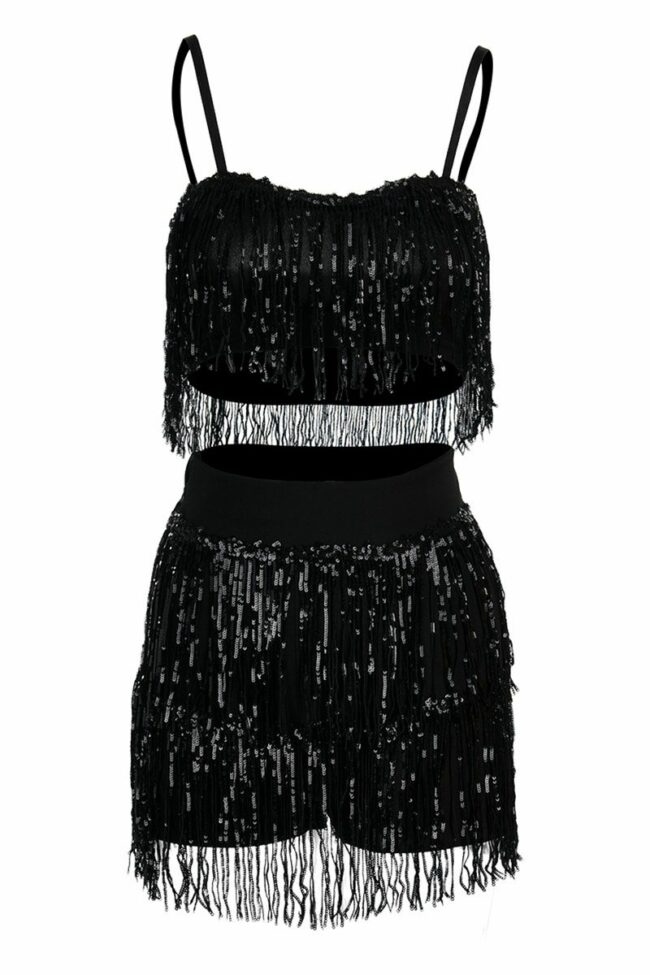 Sexy Solid Two Piece Suits Sequin Patchwork tassel Straight Sleeveless Two-Piece Short Se