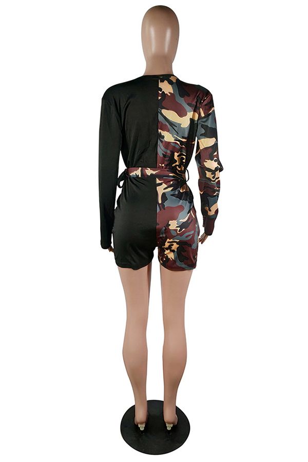 Fashion Sexy Camouflage Patchwork Print Polyester Long Sleeve V Neck