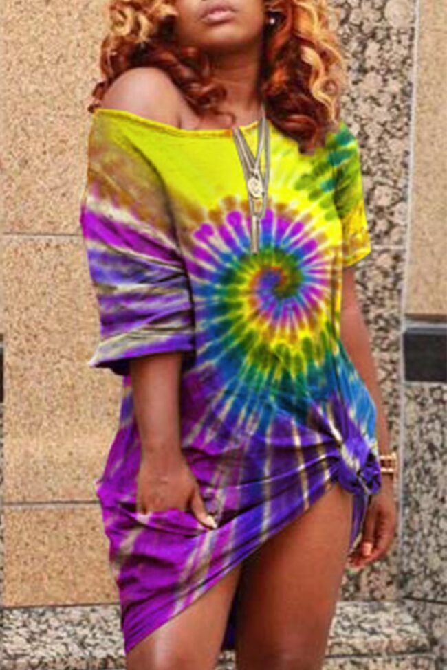 Fashion Cap Sleeve 3/4 Length Sleeves O neck Step Skirt Mini Rainbow Paisley asymmetrical