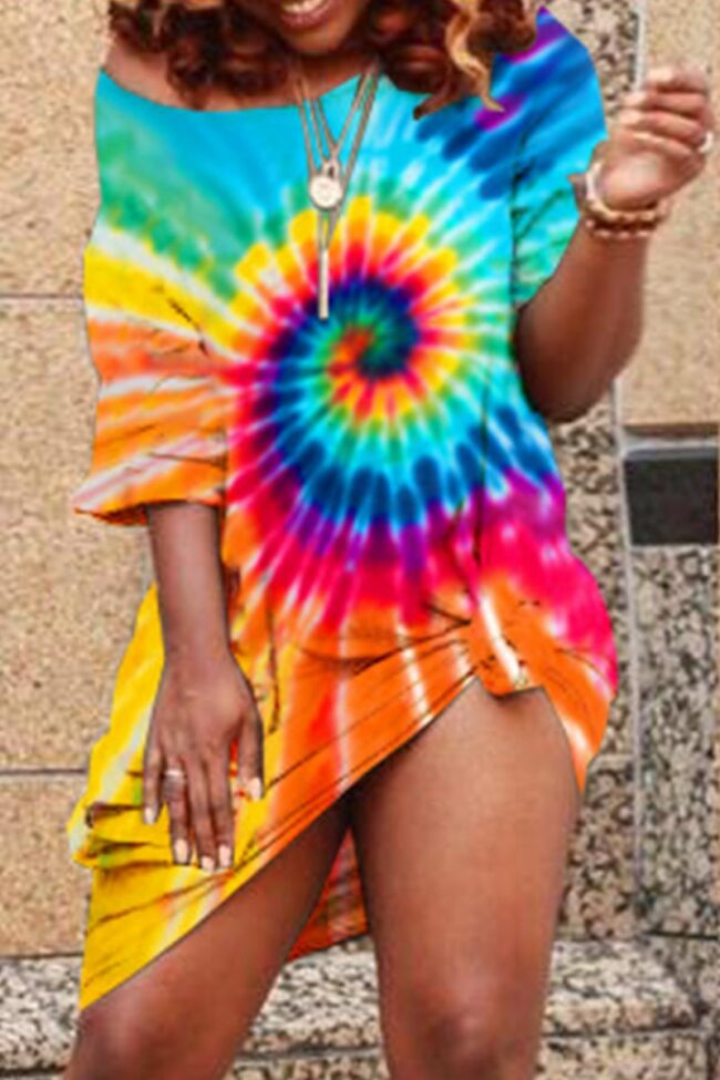 Fashion Cap Sleeve 3/4 Length Sleeves O neck Step Skirt Mini Rainbow Paisley asymmetrical