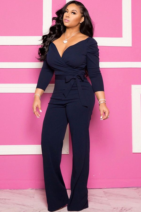 Sexy Solid Patchwork Long Sleeve V Neck Jumpsuits