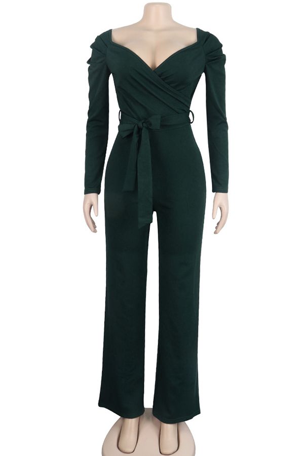 Sexy Solid Patchwork Long Sleeve V Neck Jumpsuits