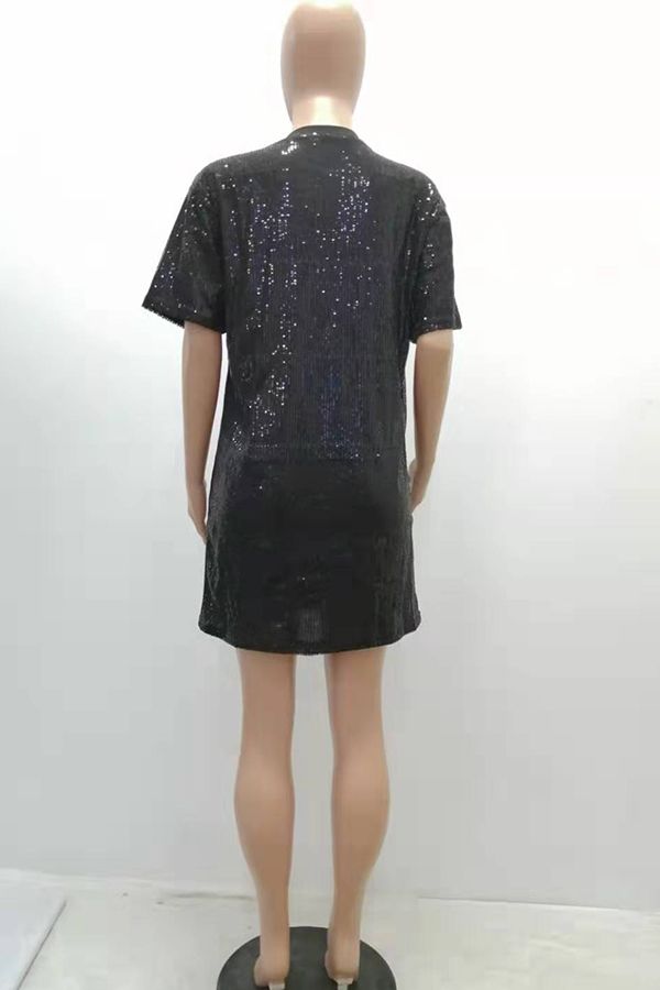 Polyester Casual lantern sleeve Half Sleeves O neck Lantern skirt skirt Patchwork Print Sequin