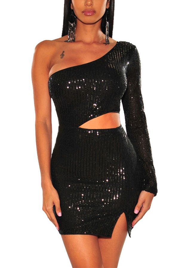 Sexy Party Sequined Pierced Hollowed Out Sequins Slit Bead tube Oblique Collar Long Sleeve Mini A Line Dresses