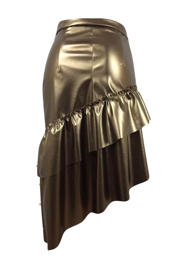 PU Elastic Fly Mid Beading Hip skirt  Skirts