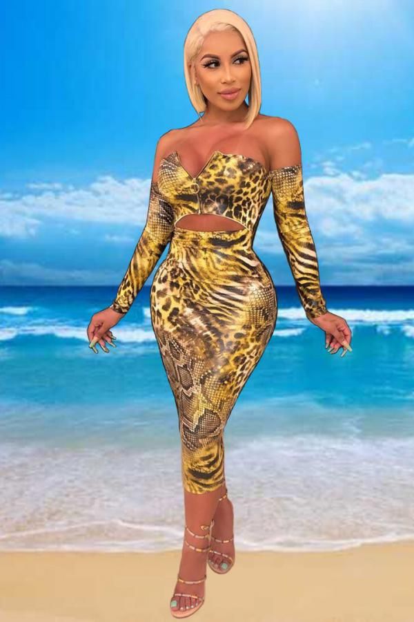 Polyester Casual serpentine Leopard Hip skirt Long Sleeve  Two-Piece Dress