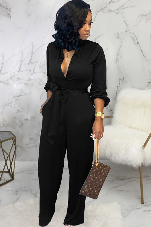 Sexy Solid Button Polyester Long Sleeve O Neck  Jumpsuits