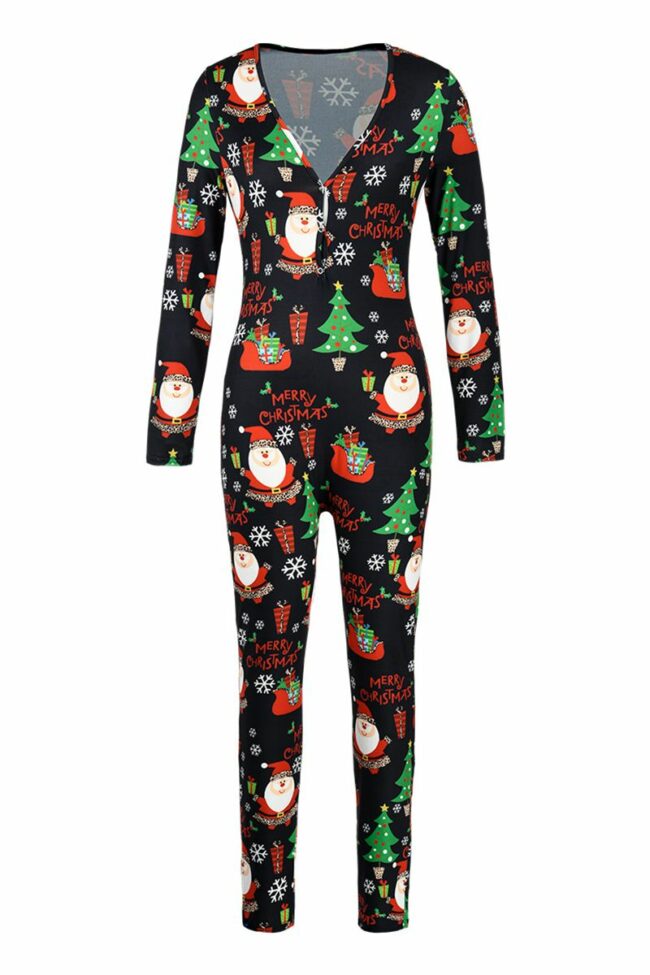 Sexy Party Patchwork Print Santa Claus V Neck Skinny Jumpsuits