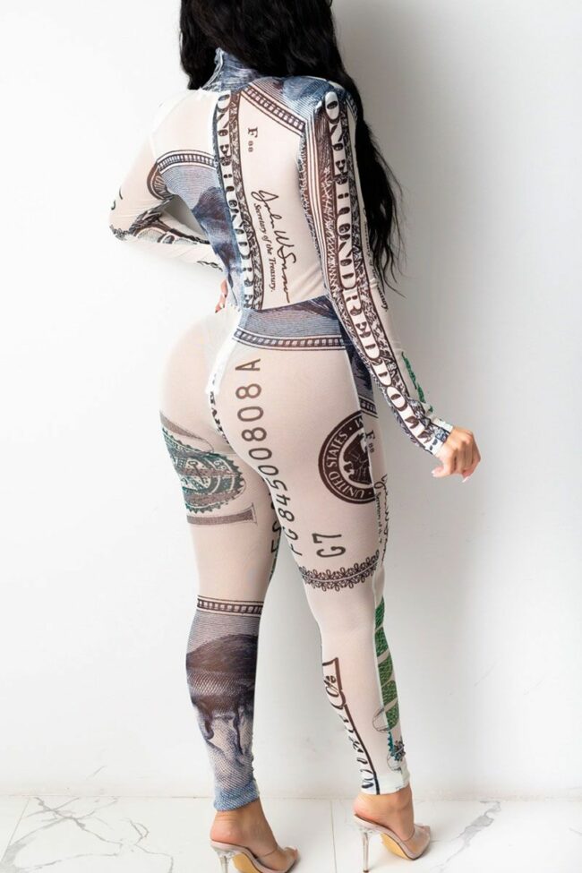 Fashion Sexy Gauze Patchwork Print See-through Half A Turtleneck Skinny Jumpsuits