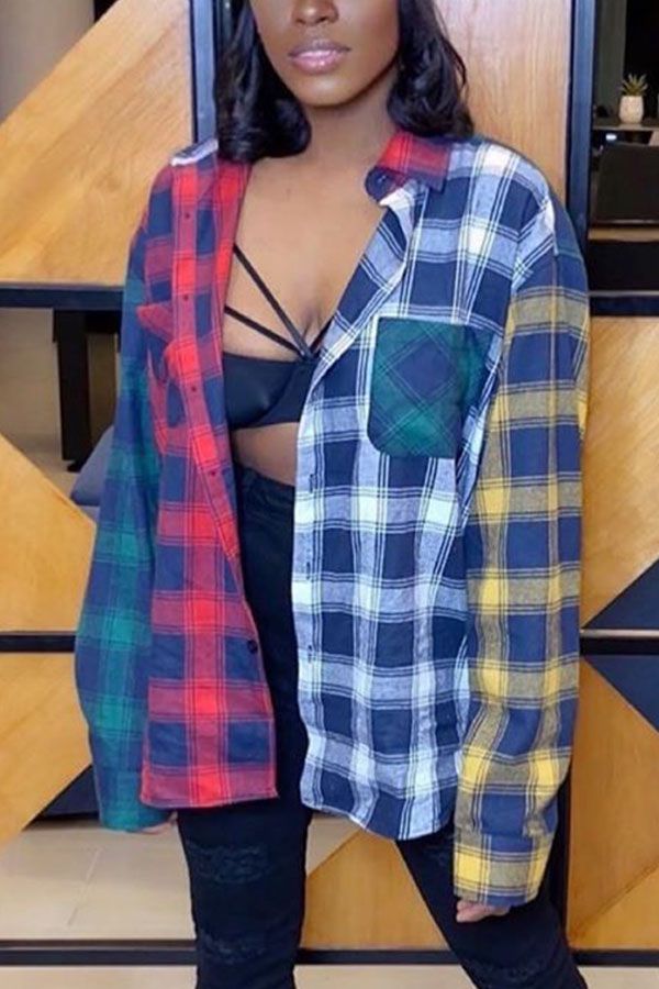 Fashion Casual Polyester Cotton Blends Plaid Patchwork Print Split Joint Buttons Cardigan Shirt Collar Tops